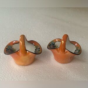 Noritaki Vintage HandPainted Lusterware Salt Baskets Orange w Flowers Set Of 2
